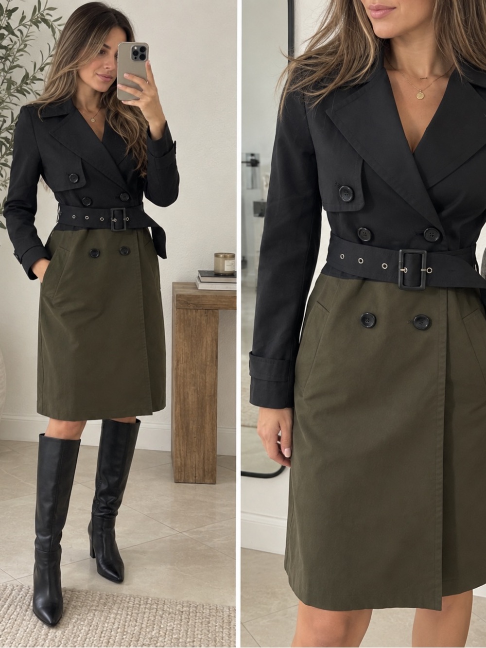 Express Women’s XS Black Olive Green Colorblock Belted Trench Coat $198
